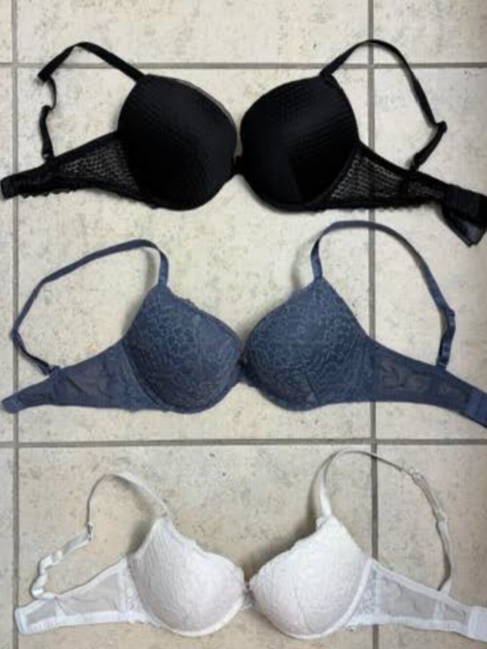 Women's H&M Bra Set of 3 Size 34D Black Blue White Lace Padded Underwired